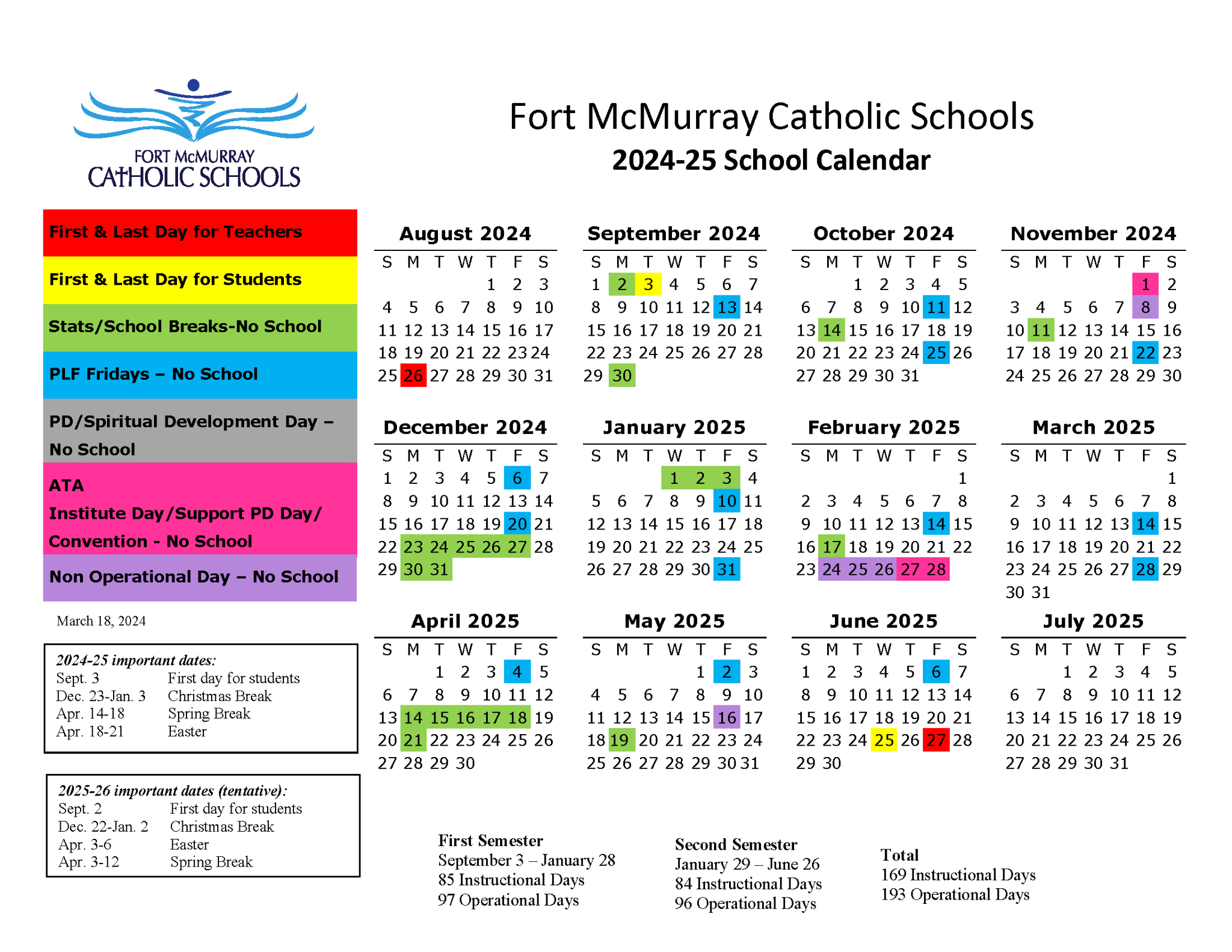 2024 25 Fort McMurray Catholic School Division Calendar